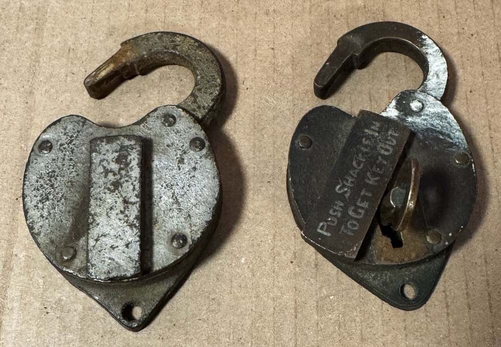 Vintage railroad locks with 1 key that opens both. One lock dated 1946